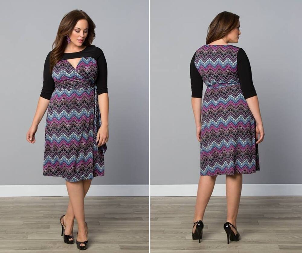 Kiyonna Wrap Dress Chevron Print 1X Winsome Style Keyhole Neckline Colorful